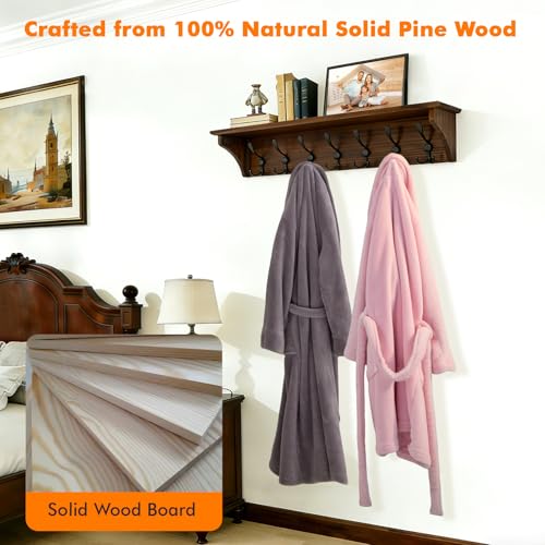 33" Coat Rack with Shelf Wall Mount, Pre-Assembled Solid Wood Coat Hooks with Shelf, Wall Coat Hanger with 7 Metal Triple-Hooks for Hanging Hat,Key,Clothes,Towel, for Entryway,Bedroom,Bathroom,Charred - color: Charred