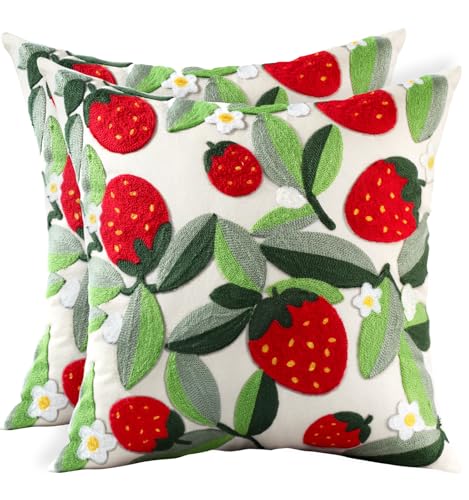 Embroidered Throw Pillow Covers 18x18 Inch - Set of 2 Summer Decorative Pillow Covers with Zipper Aesthetic Cute Design Throw Pillowcases for Couch Sofa Bed, Leaf Strawberry - color: Strawberry