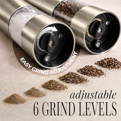 Styled Settings Electric Salt and Pepper Grinder Set Rechargeable, Silver | Electric Salt and Pepper Shaker Set with USB-C Port, LED Light, Adjustable Coarseness, One Touch Control, Automatic Grinder - color: Silver
