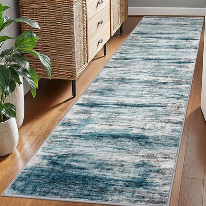 KOZYFLY Modern Abstract Hallway Runner Rug, 2.6x8 Washable Rug Runner Non-Slip Soft Striped Kitchen Runner Rugs, Print Light Blue Carpet Runner for Entryway Bathroom Laundry Room Foyer - color: Blue, size: 2'8" x 8' (Runner)