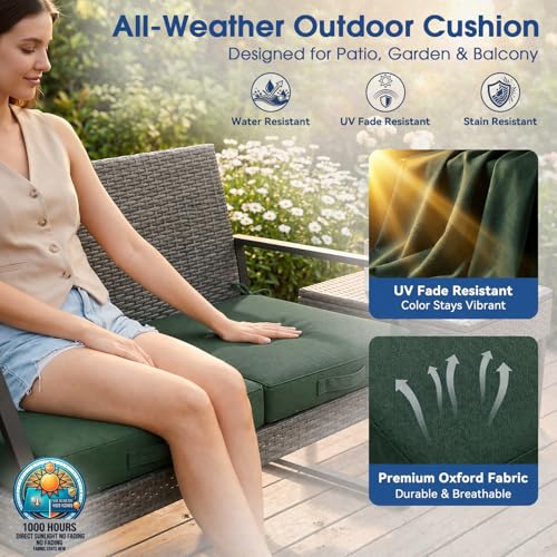 Outdoor Chair Cushions Set of 4, 19x19 Waterproof Patio Pads, Dark Green | Fade resistant fabric with ties, handle and 3-inch foam for dining seats, decks, porches, gardens and hard seating - color: Dark Green