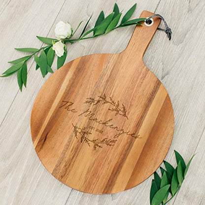 Weddingstar Personalized Wooden Round Cutting Board or Serving Board with Handle 12" x 16.5" - Signature Script Etching - color: Signature Script, size: 16.5"L x 12"W