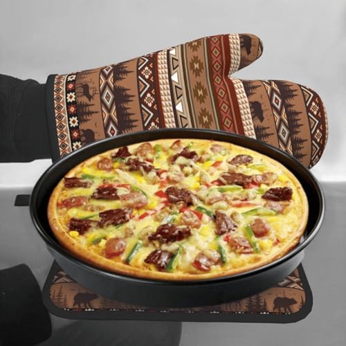 Rustic Bear Deer Oven Mitts and Pot Holder Sets Boho Ethnic Hot Pads Non-Slip Heat Resistant Kitchen Gloves for Baking Cooking Grilling BBQ - color: Rustic Bear Deer