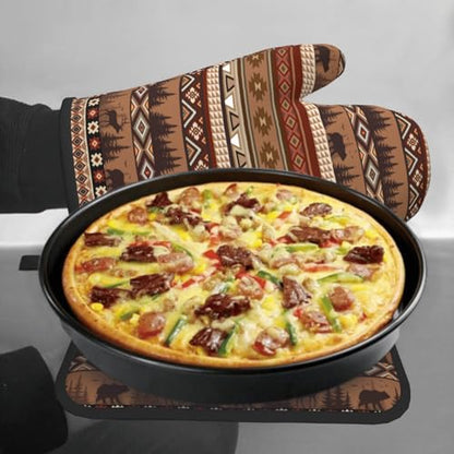 Rustic Bear Deer Oven Mitts and Pot Holder Sets Boho Ethnic Hot Pads Non-Slip Heat Resistant Kitchen Gloves for Baking Cooking Grilling BBQ - color: Rustic Bear Deer