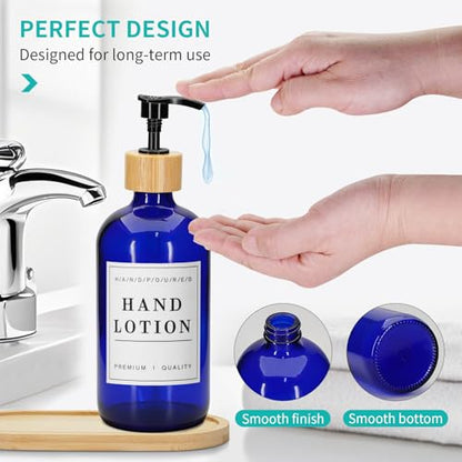 2 Pack 16 Oz Glass Soap Dispenser Set with Tray, Hand Dish Soap Dispenser Set for Bathroom and Kitchen Bottle Dispenser with Dish Soap, Hand Soap, Lotion (Blue) - color: Blue
