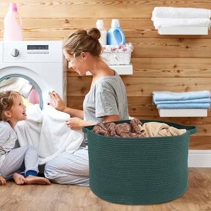 XUANGUO Extra Large Cotton Rope Round Storage Basket 22" x 14" Dark Green | Woven basket for blankets, toys, towels, laundry, nursery, living room and pet toy storage. - color: dark green