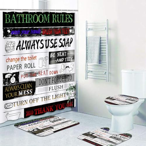 Bathroom Sets with Shower Curtain and Rugs 4 Pcs Colorful | Letter Rules Funny Cute Bathroom Decor Set with Toilet Lid Cover, Non-Slip Bath Mats and Accessories 12 Hooks - color: Bathroom Rules