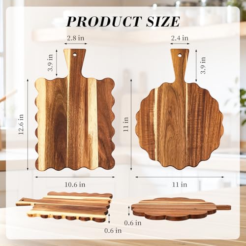 2Pcs Acacia Wood Scalloped Cutting Board with Handle Wooden Chopping Board Decorative Cutting Boards for Kitchen Decor Charcuterie Boards Serving Tray for Cheese Bread Pizza Fruit Meat