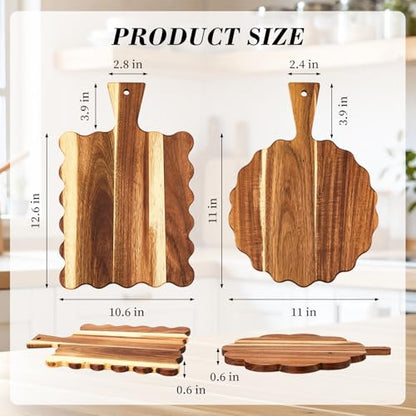 2Pcs Acacia Wood Scalloped Cutting Board with Handle Wooden Chopping Board Decorative Cutting Boards for Kitchen Decor Charcuterie Boards Serving Tray for Cheese Bread Pizza Fruit Meat