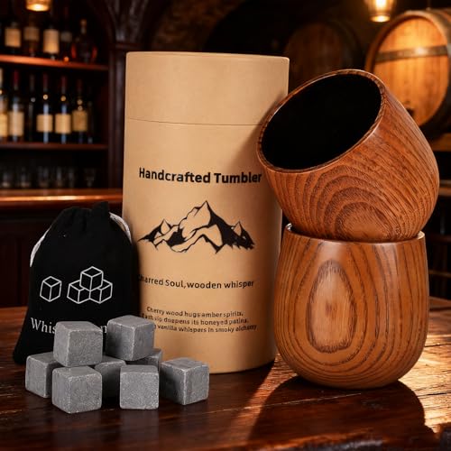 Wooden Whiskey Glass Set Of 2 Wooden Bourbon Glass Charred 10oz Bourbon Gifts For Him Man Husband Father Birthday Wood Whiskey Tumbler Handcrafted Whisky Cup (2)