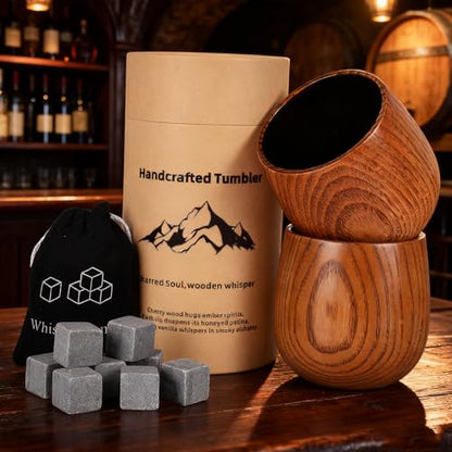 Wooden Whiskey Glass Set Of 2 Wooden Bourbon Glass Charred 10oz Bourbon Gifts For Him Man Husband Father Birthday Wood Whiskey Tumbler Handcrafted Whisky Cup (2)