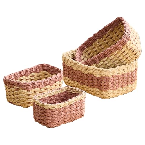 4PCS Woven Storage Baskets Set, Small Baskets for Organizing, Square Handwoven Paper Rope Organizer Bins for Shelves and Home Storage (Natural & Pink) - color: Natural & Pink