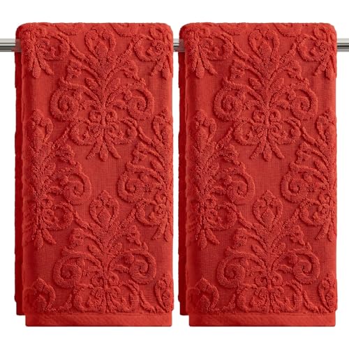 Artoid Mode 2 Pcs Red 3D Vintage Floral Hand Towels for Bathroom, 100% Cotton Soft Absorbent Bathroom Decor Towels, 13.7 x 29.5 Inch - color: Red, size: 13.7" x 29.5", 2PCS