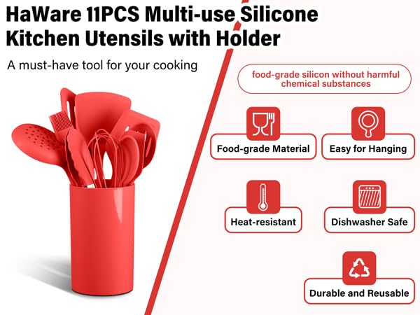 HaWare 11 PCS Silicone Cooking Utensils Set, Heat Resistant Kitchen Utensils with Holder, Food-grade Spatula Sets for Nonstick Cookware, Kitchen Tools Gadgets Include Fish Turner, Spoon (Red) - color: Red