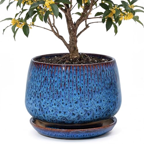 10.3 Inch Ceramic Planter with Saucer,Modern Garden Pots with Drainage Hole Mesh Net, for Indoor Outdoor Use (Speckle Blue) - color: Peacock Blue, size: 10.3 Inch