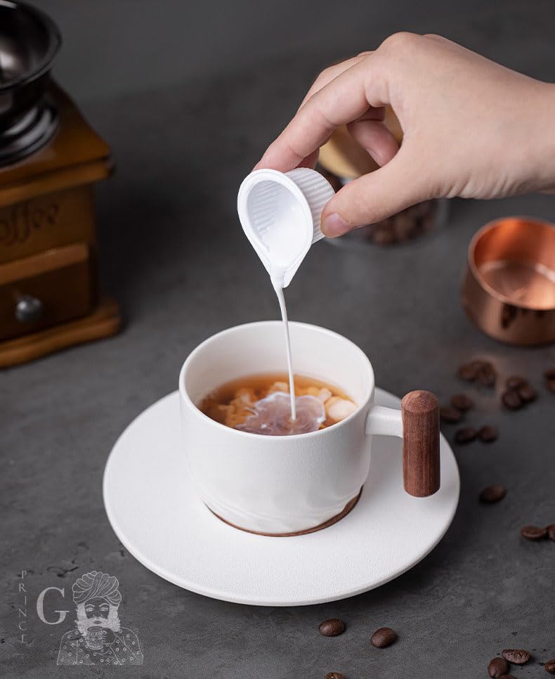 PRINCE G Japanese Style Ceramic Mug ml with Matching Saucer – Handmade Espresso, Coffee, Tea & Matcha Cup, Ideal Gift Set with Handgrip (WHITE) - color: White