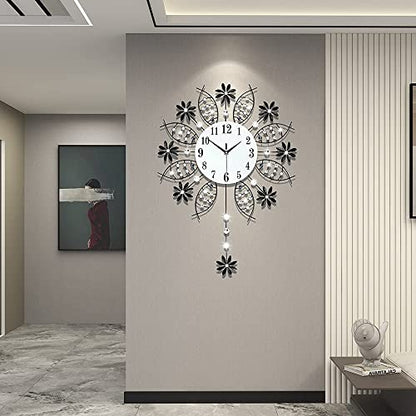 Large Decorative Black Crystal Wall Clock for Living Room Decor | Big Luxury Modern Wall Clock with Pendulum Battery Operated Non Ticking Silent Quartz Metal Clock for Kitchen Office Bedroom - style: Art Deco