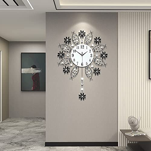 Large Decorative Black Crystal Wall Clock for Living Room Decor | Big Luxury Modern Wall Clock with Pendulum Battery Operated Non Ticking Silent Quartz Metal Clock for Kitchen Office Bedroom - style: Art Deco