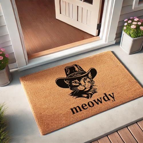 Funny Coir Doormat Welcome Front Porch Decor Doormats with Heavy-Duty Non Slip Outdoor Coconut Mat 30 x 18inch (Cat Wearing Cowboy Hat Meowdy) - color: Cat Wearing Cowboy Hat Meowdy