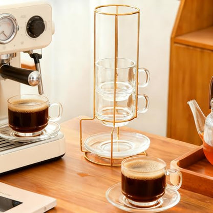 5.4 oz Espresso Cups Set of 4,Stackable Glass Coffee Cups with Cup Holder | with Saucers Spoons,Clear Tea Cup Espresso Cups Set for Home Office Break Room Tea Party
