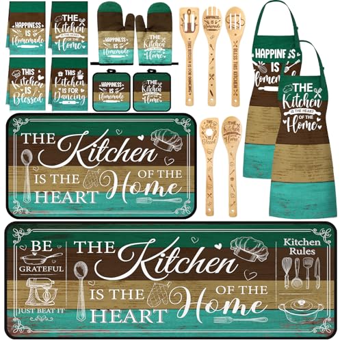 Bencailor 17 Pcs Green and Brown Kitchen Sets Non-Slip Kitchen Rug and Mat Teal Green and Brown Mitts and Pot Holders Teal Apron Dish Towels Wooden Spoons for Home Decoration Housewarming Gifts - color: Forest Theme