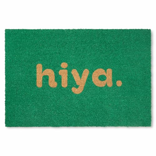 TOWN & COUNTRY TERRA Hiya Painted Welcome Door Mat, Natural Coir, Heavyweight, Non-Slip Entryway Mat, Green, 24"x36" - color: Green, size: 2' x 3' (Rectangular)
