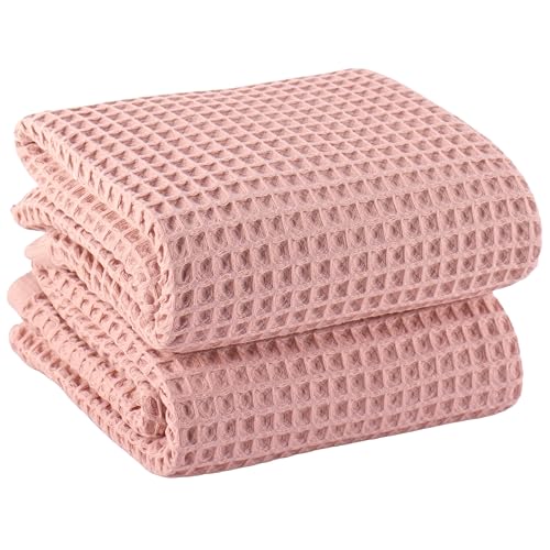 PÜSKÜL 2-Piece Natural 100% Turkish Cotton Waffle Bath Towels Extra-Large | Pink Powder 32x63" Bath Sheet Towel Light Soft Absorbent Quick-Dry Lint-Free Premium Honeycomb Weave Oeko-Tex Made in Turkiye - color: Pink Powder