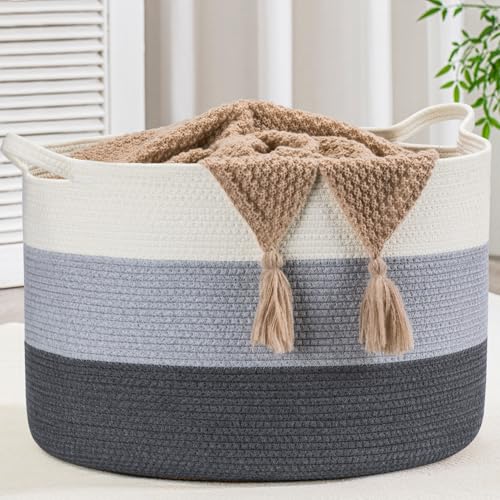 XXXLarge Woven Cotton Rope Basket (21.7" x 13.8") 90L – Blanket Basket for Living Room, Laundry Hamper, Baby Laundry Hamper, Toy Storage, Pillows & Cushions Organizer (White & Blue) - color: White & Blue