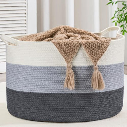 XXXLarge Woven Cotton Rope Basket (21.7" x 13.8") 90L – Blanket Basket for Living Room, Laundry Hamper, Baby Laundry Hamper, Toy Storage, Pillows & Cushions Organizer (White & Blue) - color: White & Blue