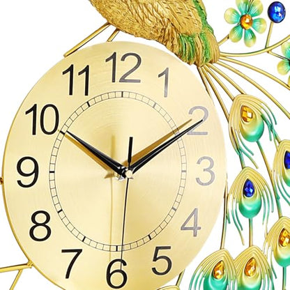 29.5" Large Peacock Wall Clock Crystal Decor, 3D Creative Luxury Wall Clock Silent Non-Ticking Battery Operated Living Room Decor Big Clock