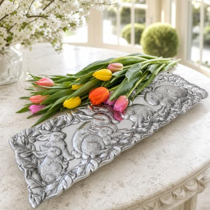 Arthur Court Bunny Oblong Tray - Aluminum Serving Tray with Whimsical Rabbit Motif - Perfect for Easter and Spring Gatherings - 19 x 6 Inches