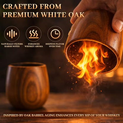 Charred Wooden Bourbon Drinking Glass, Handcrafted 11oz Whiskey Tumblers, Rustic Old Fashioned Glasses, Unique Bourbon Gifts for Men, Dad, Husband (2 Pack)