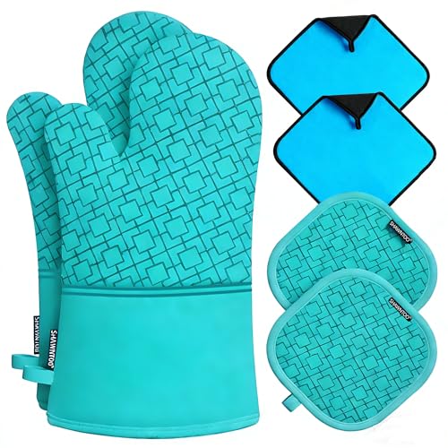Oven Mitts and Pot Holders Sets 6pcs, Kitchen Oven Glove,High Heat Resistant 550 Degree Extra Long Oven Mitts and Potholders with Non-Slip Silicone Surface for Home Essentials (Grey) (Ice Blue) - color: Ice Blue