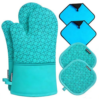 Oven Mitts and Pot Holders Sets 6pcs, Kitchen Oven Glove,High Heat Resistant 550 Degree Extra Long Oven Mitts and Potholders with Non-Slip Silicone Surface for Home Essentials (Grey) (Ice Blue) - color: Ice Blue