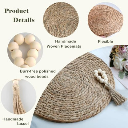 Boho Woven Placemats Set of 6 with Wooden Napkin Rings, 13" Natural Water Hyacinth Table Mats Charger Plates for Christmas Decorations, Thanksgiving, Rustic Dining & Home Decor