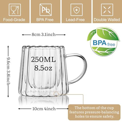 Joeyan Double Walled Glass Coffee Mugs,Latte Cappuccino Tea Cups with Handle,Insulated Borosilicate Espresso Shot Cups,Glass Milk Creamer Pitcher Frothing Cup Hot Beverage Glassware,8.5 oz,Set of 2 - color: 8.5 oz Double Walled Glass Coffee Mugs