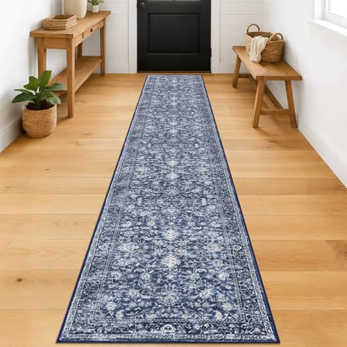 KILOCOCO Runner for Hallway 2x12 ft Washable Runner Non-Slip Rug, Blue | Printed Hallway Runners Rug, Non Skid Kitchen Runner Rug, Low Pile Runner for Bedroom Living Room, Soft Floral Hall Runners - color: Blue/Navy/White, size: 2' x 12' (Runner)