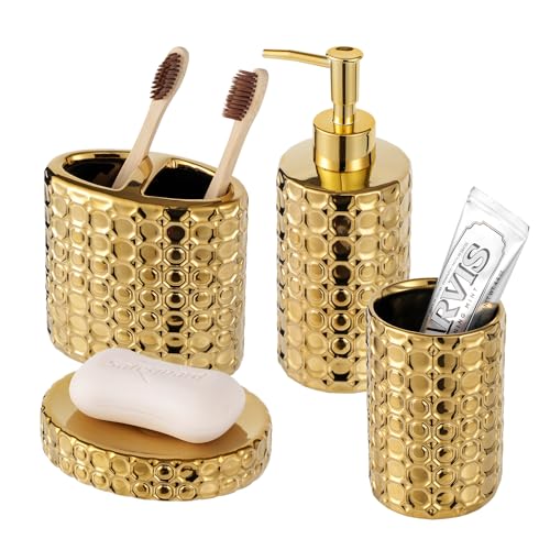 Gold Ceramic Bathroom Accessories Set, 4 Piece, Honeycomb Design with Soap Dispenser Pump, Tumbler, Toothbrush Holder, Soap Dish - color: Gold