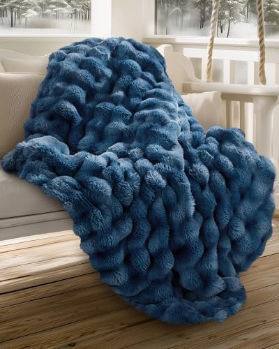 Ultra Soft Cozy Faux Fur Throw Blanket, Fuzzy Plush Thick Bubble Blanket, Oversize Luxury Fluffy Blanket for Couch, Sofa, Bedroom, and Living Room,50x60 Inches,Blue - color: Blue, size: Throw