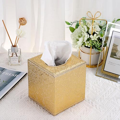 Sumnacon Square Leather Tissue Box Cover - Stylish Cube Tissue Box Holder with Magnetic Bottom, Decorative PU Tissue Box for Vanity Dresser Night Stand Table Countertop Home Office Car, Gold | Stylish Cube Tissue Box Holder, Decorative Tissue Box Covers F