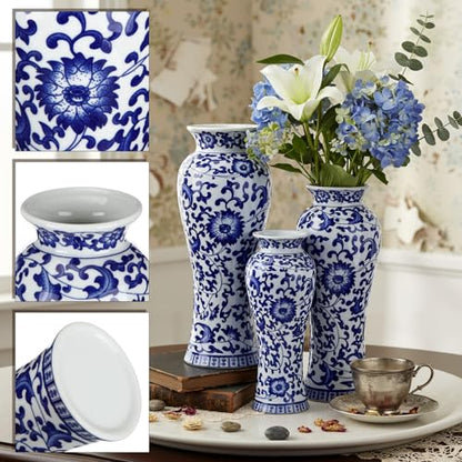 LemonRoad 3 Pack Chinoiserie Vases Porcelain Blue and White Vases for Flowers Pottery Chinoiserie Ceramic Vase for Living Room Mother's Day Decor Table Centerpiece, 6.7", 8.3", 10"(Classic) - style: Classic