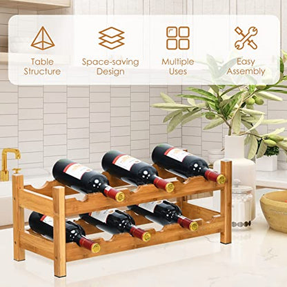 COSTWAY 12 Bottles Wine Rack, 2-Tier BambooWine Display Rack Nature | Freestanding, Rack Tabletop Wine Rack for Countertop Home Kitchen Pantry, Bar, Pantry, Cellar (24.5L x 9.5W x 10H) - color: Natural, size: 24” x 9.5” x 10” (L x W x H)