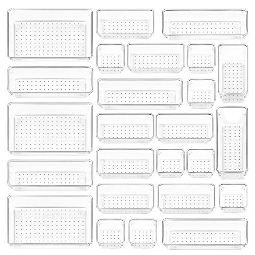 Vtopmart 25 PCS Clear Plastic Drawer Organizers Set, 4-Size Versatile Bathroom and Vanity Drawer Organizer Trays, Storage Bins for Makeup, Bedroom, Kitchen Gadgets Utensils and Office | 4-Size Versatile Makeup Organizer, Storage Containers Small Bins for