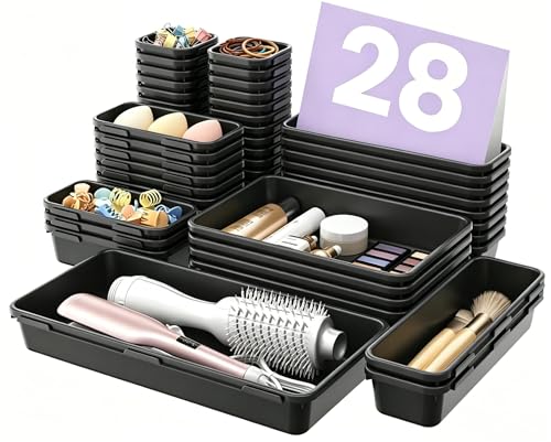【Military Grade】A-LuGei Drawer Organizer,【𝟱𝗦𝗶𝘇𝗲】Makeup organizer,【Holds 177 Items】Bathroom Organizers and Storage,Organization and Storage,Desk Drawer Organizer for Vanity【Black】 - color: Black