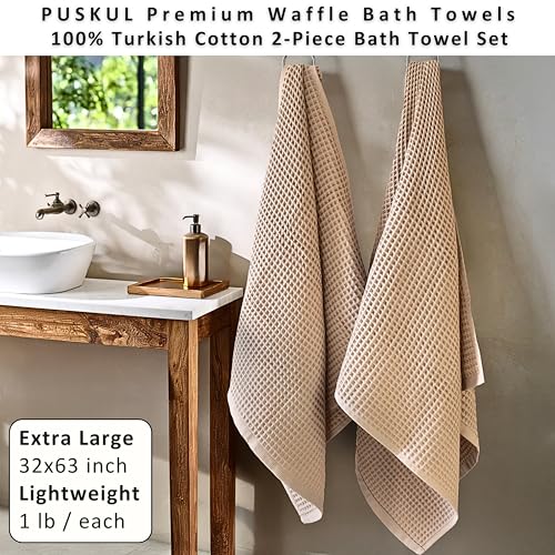 PÜSKÜL 2-Piece Natural 100% Turkish Cotton Waffle Bath Towels Extra-Large | Beige, 32x63" Bath Sheet Towel, Light Soft Absorbent Quick-Dry Lint-Free Premium Honeycomb Weave Oeko-Tex Made in Turkiye - color: Beige