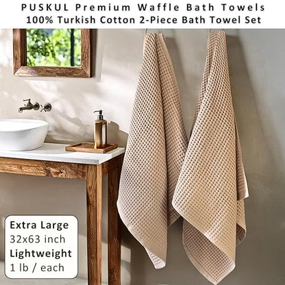 PÜSKÜL 2-Piece Natural 100% Turkish Cotton Waffle Bath Towels Extra-Large | Beige, 32x63" Bath Sheet Towel, Light Soft Absorbent Quick-Dry Lint-Free Premium Honeycomb Weave Oeko-Tex Made in Turkiye - color: Beige