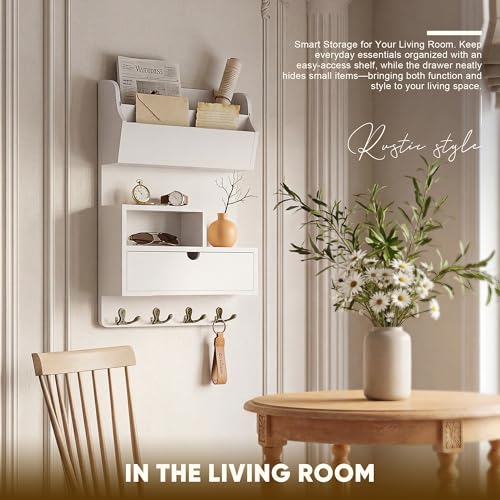 Rebee Vision Pine Wood Key Holder Wall Mount with Shelf & Drawer, White | Mail and Key Organizer, 4 Key Hooks, Stores Small Essentials, Displays a Plant, Adds Stylish, Apartment Essential Charm - color: White