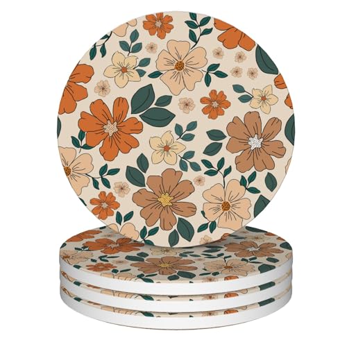 Coasters for Drinks,Set of 4 Absorbent Coasters,70s Retro Floral Flowers Ceramic Coasters with Cork Base,Cup Coaster for Coffee Table Protection,Gifts for Housewarming Birthday - color: 70s Retro Floral Flowers