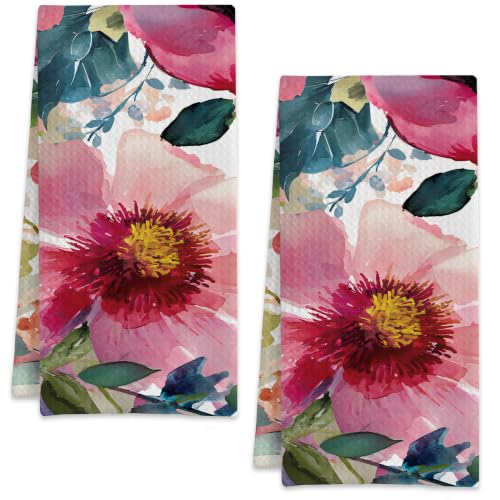 Watercolor Pink Floral Flowers Hand Towels for Bathroom Set of 2,Soft Absorbent Waffle Weave Kitchen Towels Dish Towel,Decorative Bathroom Towel for Kitchen Yoga Home Decor 16X24 Inch - color: Watercolor Pink Floral Flowers