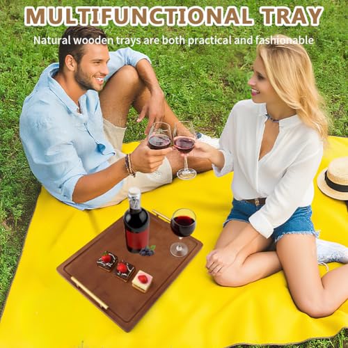Wood Serving Tray with Metal Handles,Decorative Serving Tray, Food Drinks Tray for Breakfast, Coffee Table, Dinner & Bar, Kitchen, Bedroom (Brown)